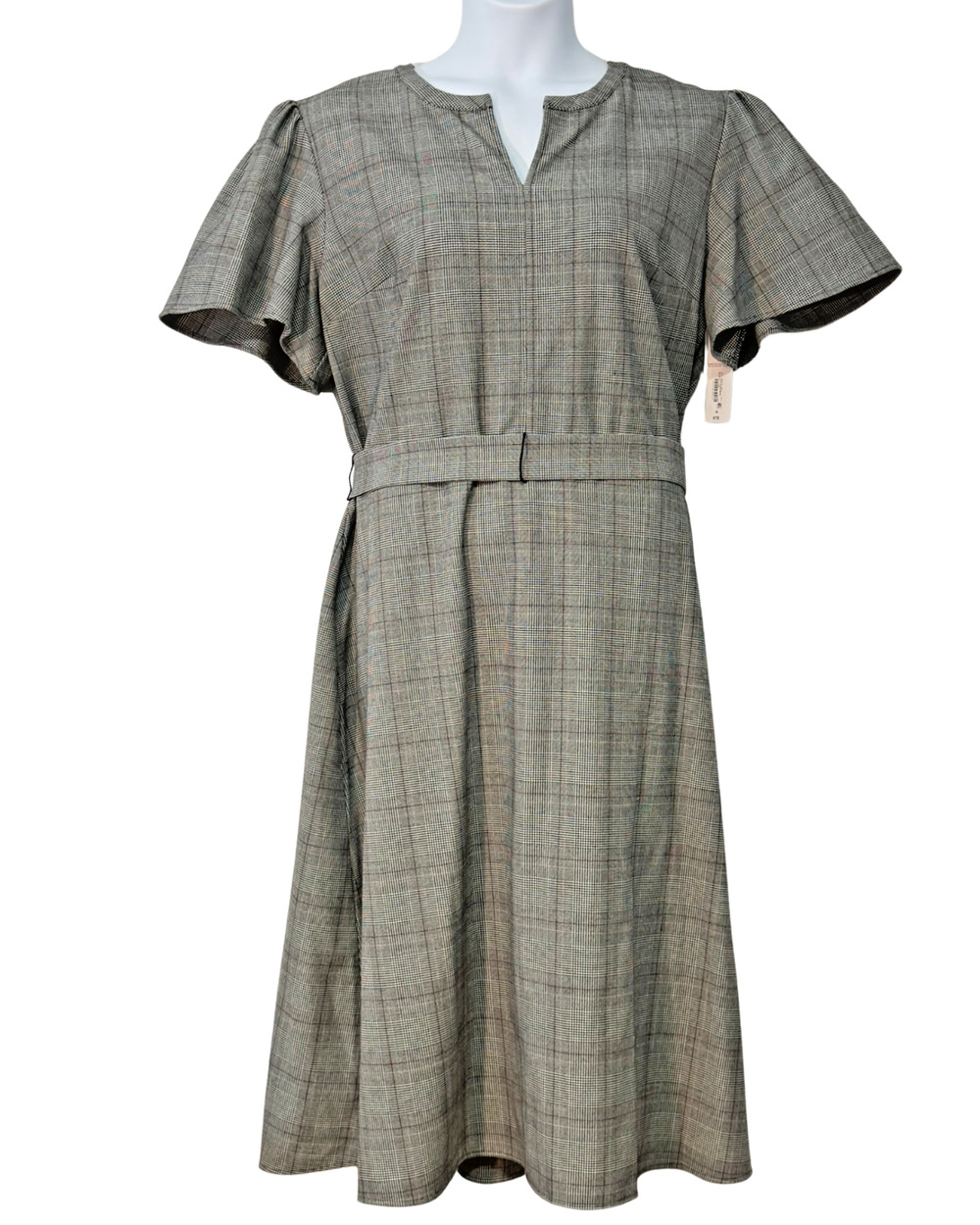 Liz Claiborne Sz 18 Midi Career Dress Split V-Neck Belted Black Plaid Retro New